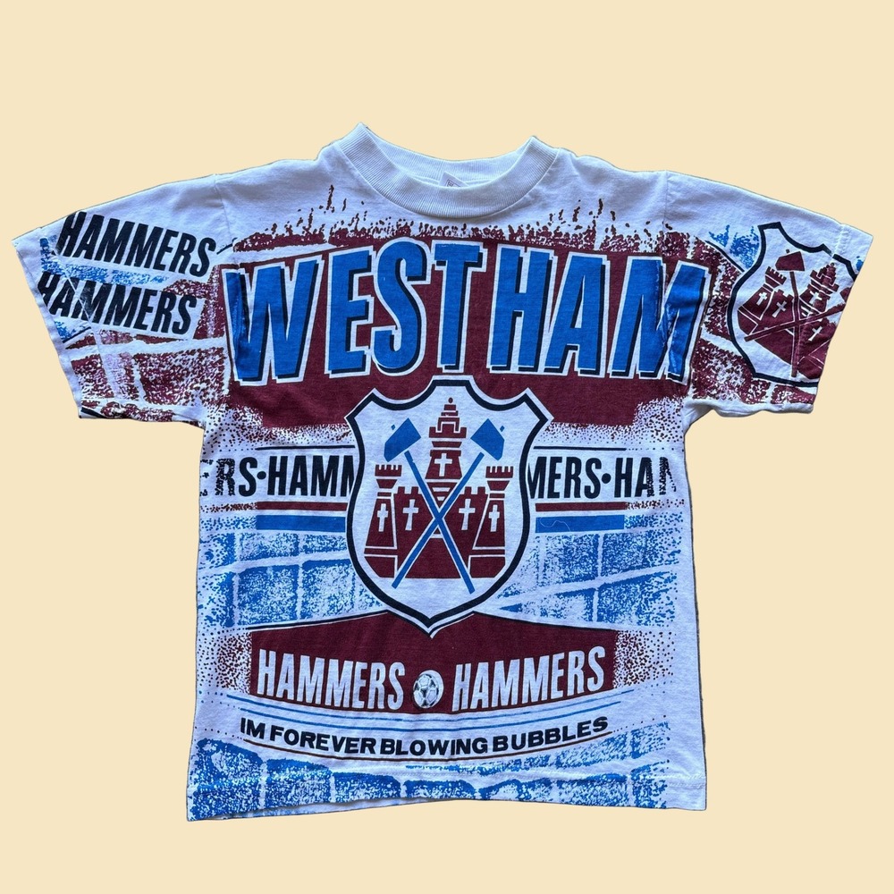 Vintage West Ham United Hammers Kids T-Shirt All Over Print AOP Size 7-8 White